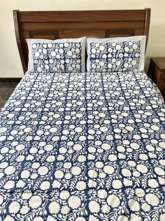 Navy Blue Block Printed Cotton Bedsheet(108x108)
