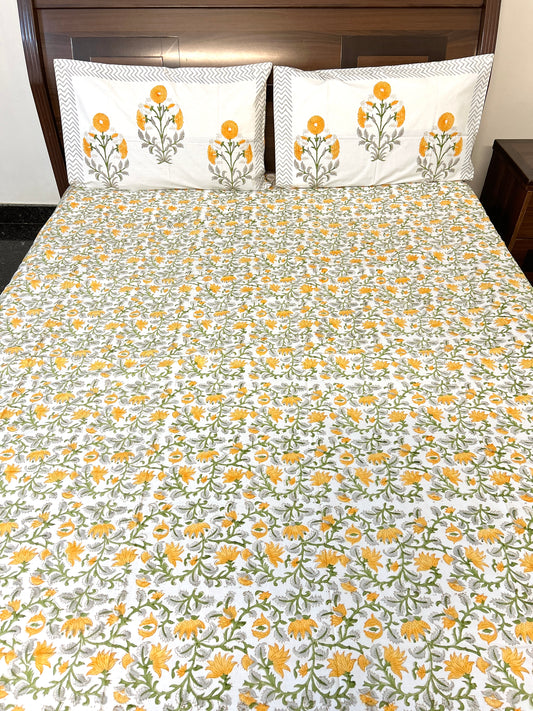 Yellow Vines Block Printed Cotton Bedsheet(108x108)