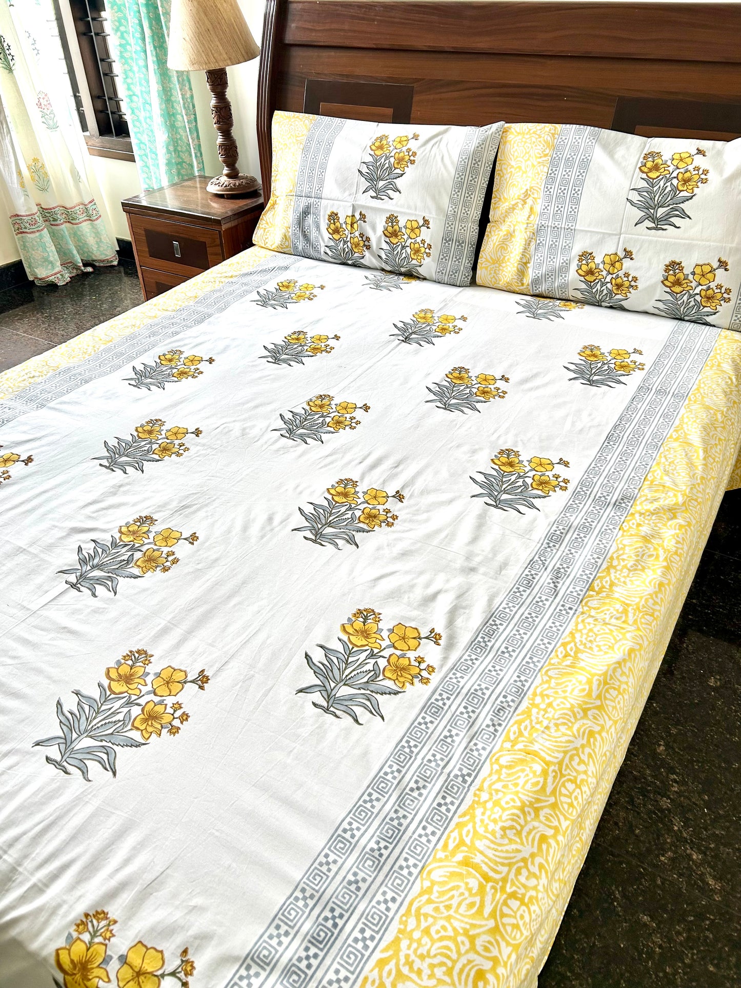 Kaner Block Printed Yellow Cotton Bedsheet(90x108)