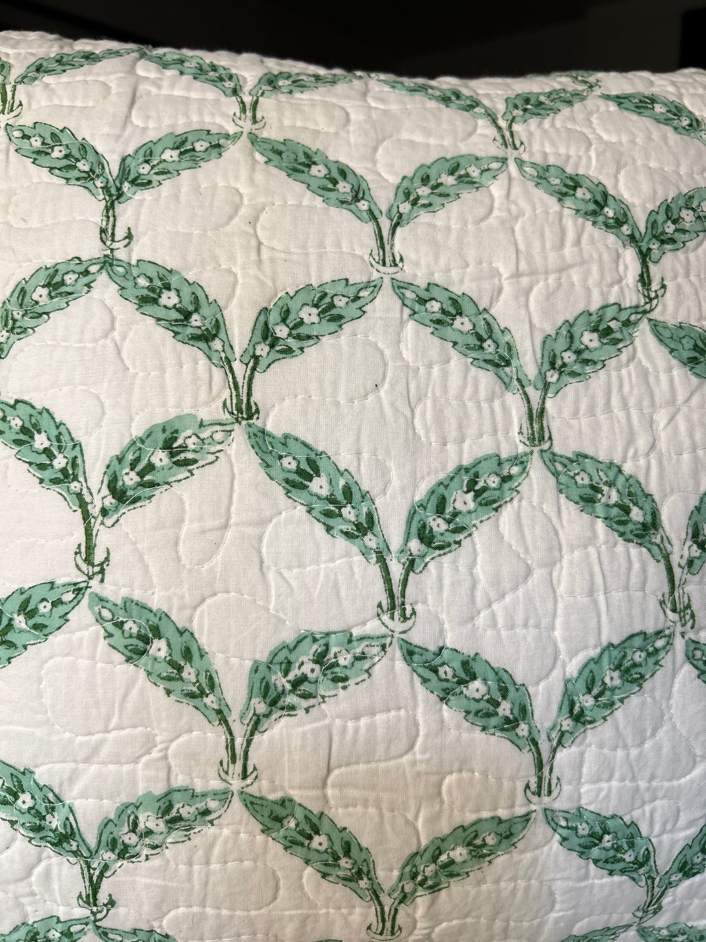 Green Leaf Block Print Quilted Cushion Cover