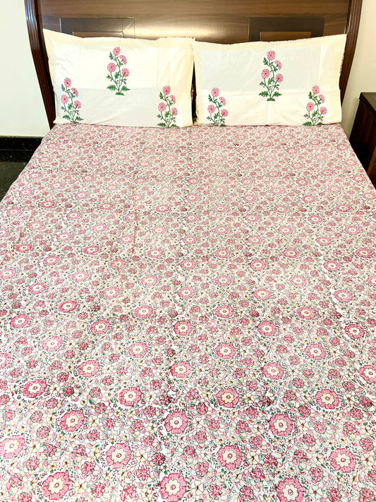 Pink Floral Block Printed Cotton Bedsheet(108x108)