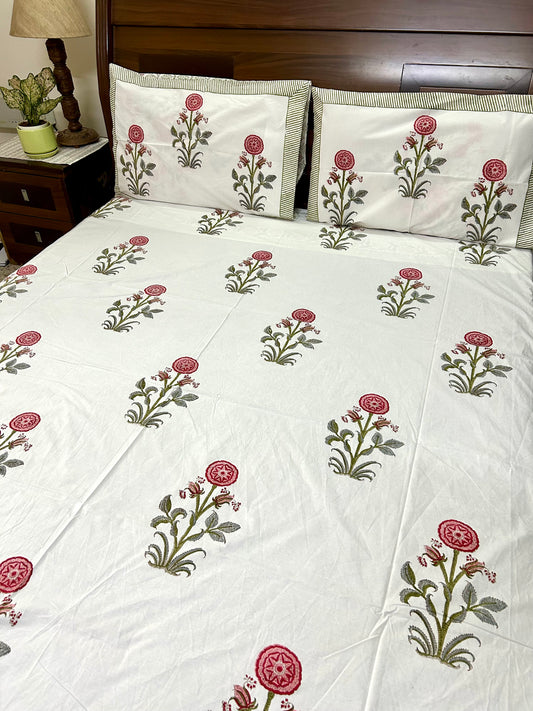 Aashvi Block Printed White Cotton Bedsheet(90x108)