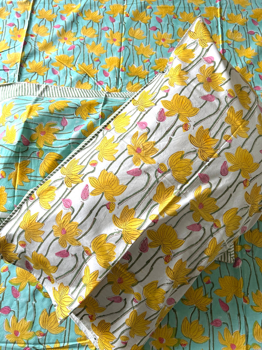 Sea Green Block Printed Cotton Bedsheet(90x108)