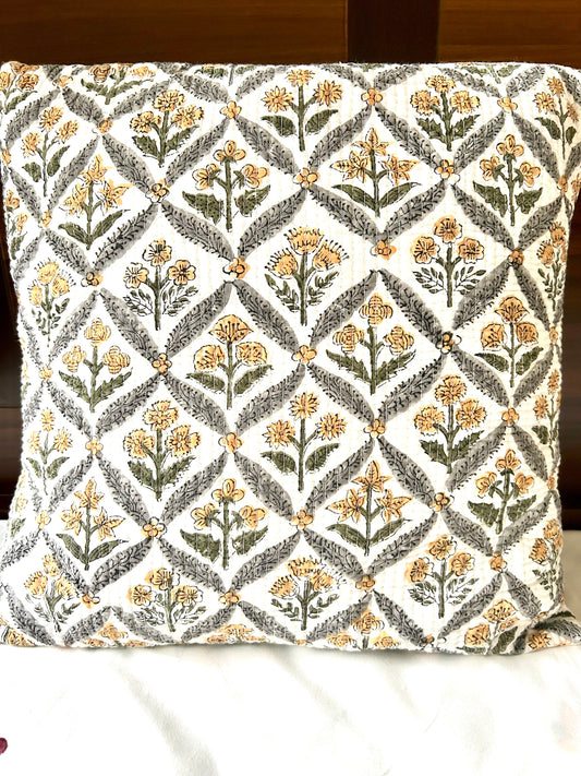 Karuna Block Print Quilted Cushion Cover