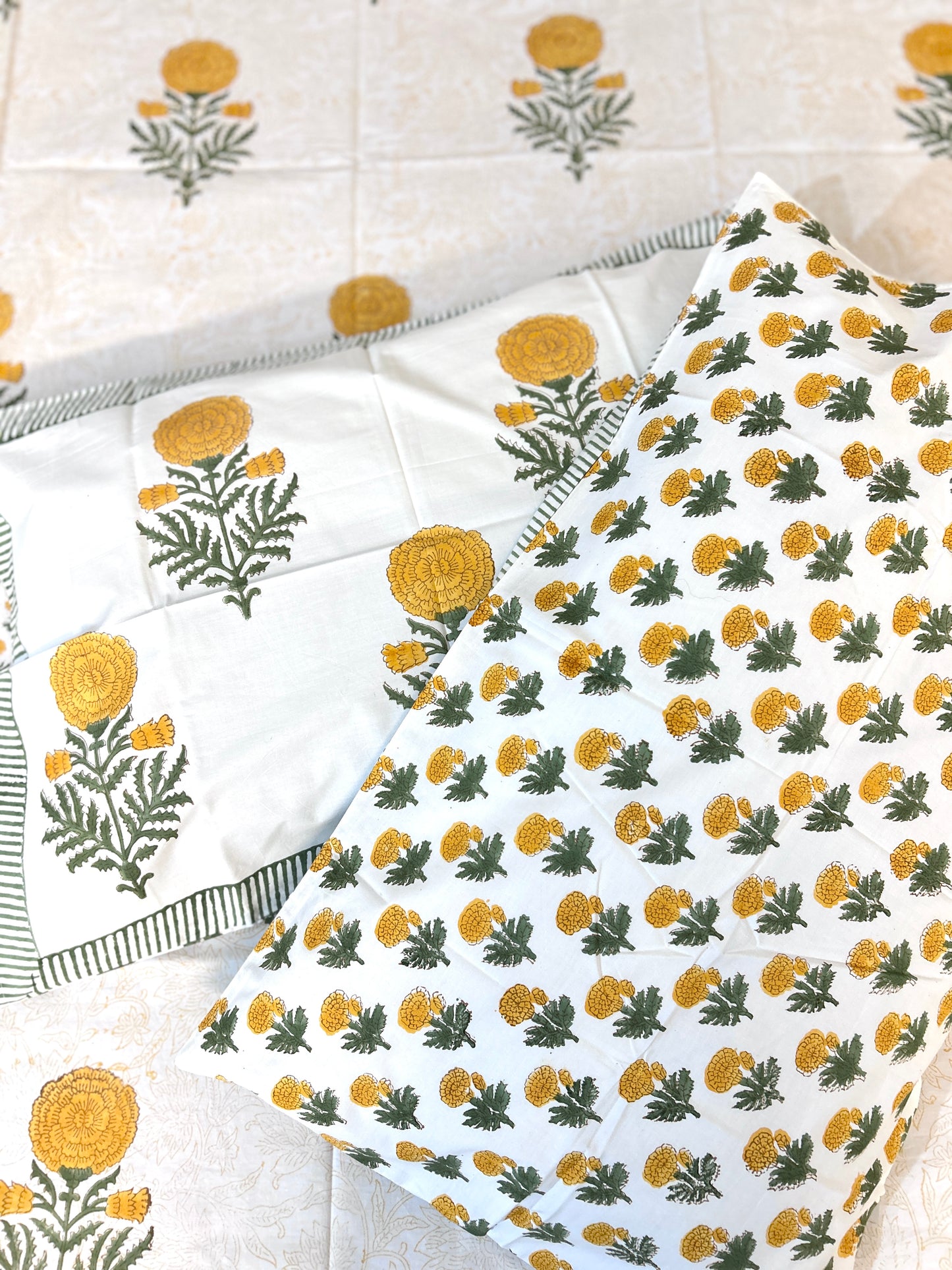 Yellow Marigold Block Printed Cotton Bedsheet(90x108)