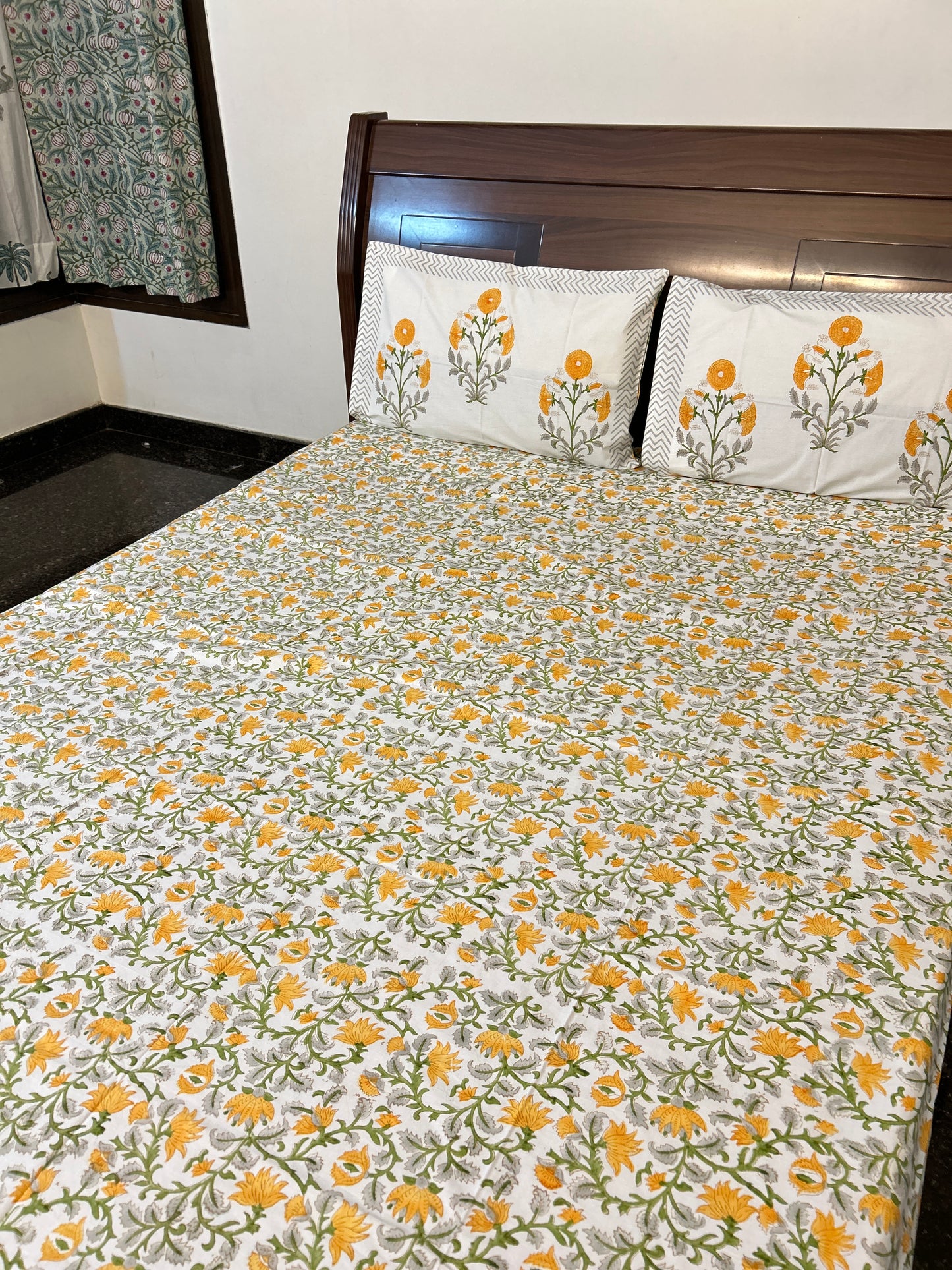 Yellow floral Vines Block Printed Cotton Bedsheet(90x108)