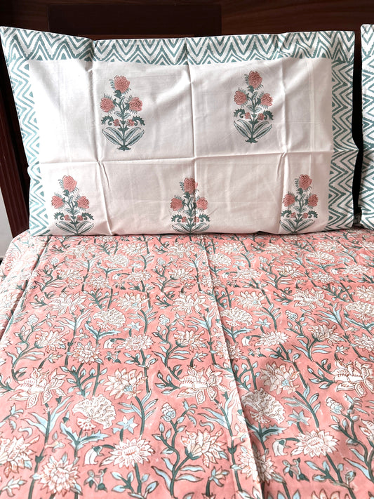 Peach Floral Block Printed Cotton Bedsheet(108x108)