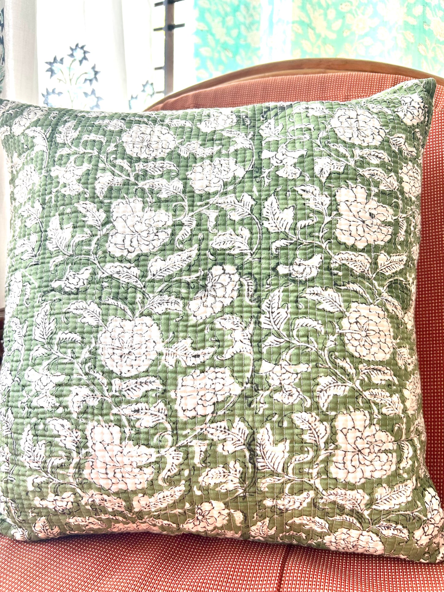 Hariyali Block Print Quilted Cushion Cover