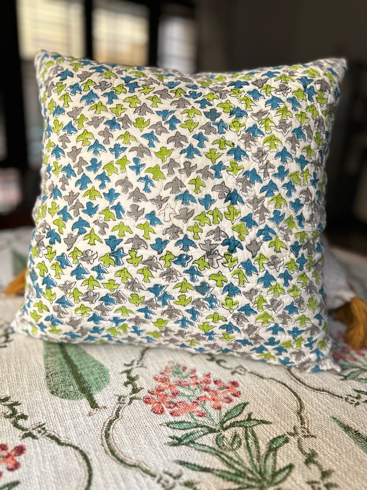 Free Bird Block Print Quilted Cushion Cover