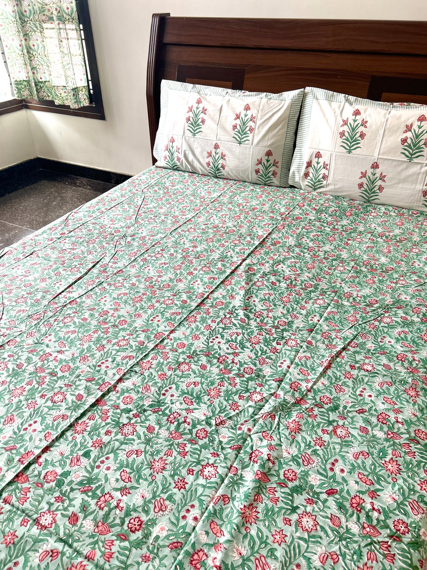 Sage Green Block Printed White Cotton Bedsheet(108x108)