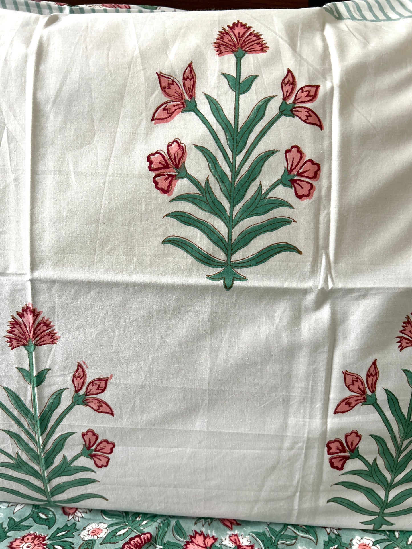 Sage Green Block Printed White Cotton Bedsheet(108x108)