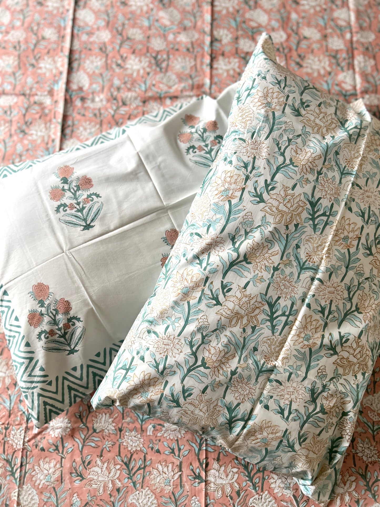 Peach Floral Block Printed Cotton Bedsheet(90x108)