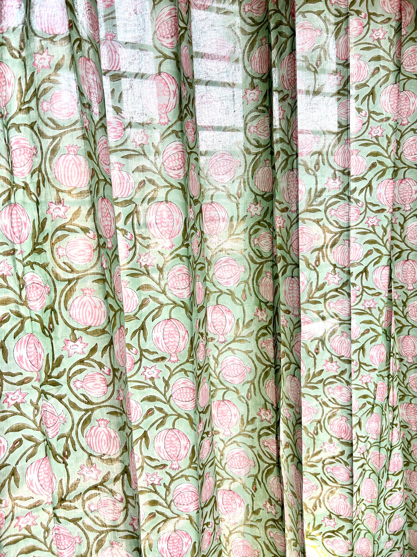 Pomogranate Green Block Printed Sheer Curtains