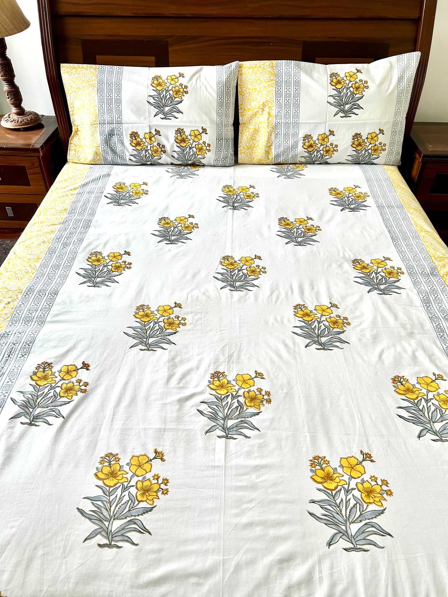 Kaner Block Printed Yellow Cotton Bedsheet(90x108)