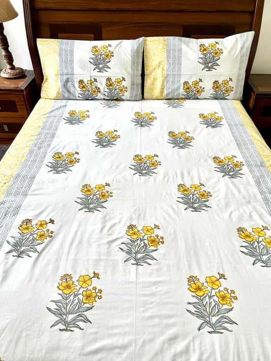 Kaner Block Printed Yellow Cotton Bedsheet(90x108)