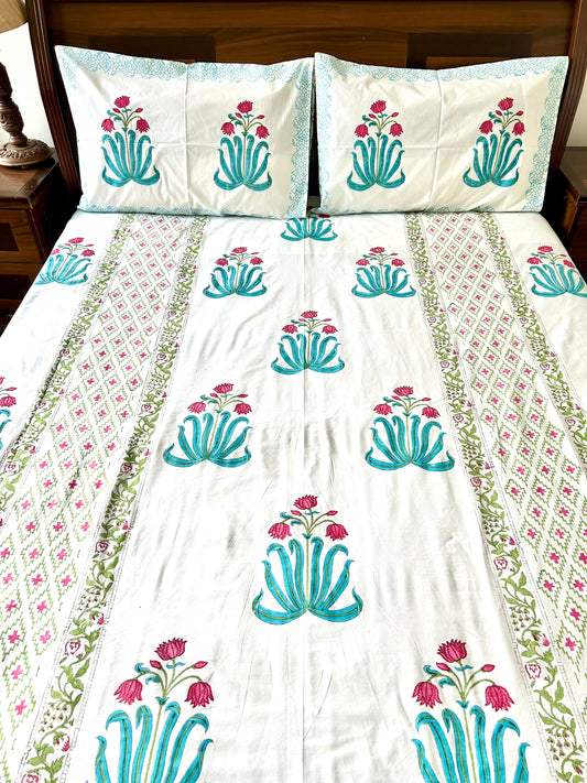 Ranya Block Printed White Cotton Bedsheet(90x108)