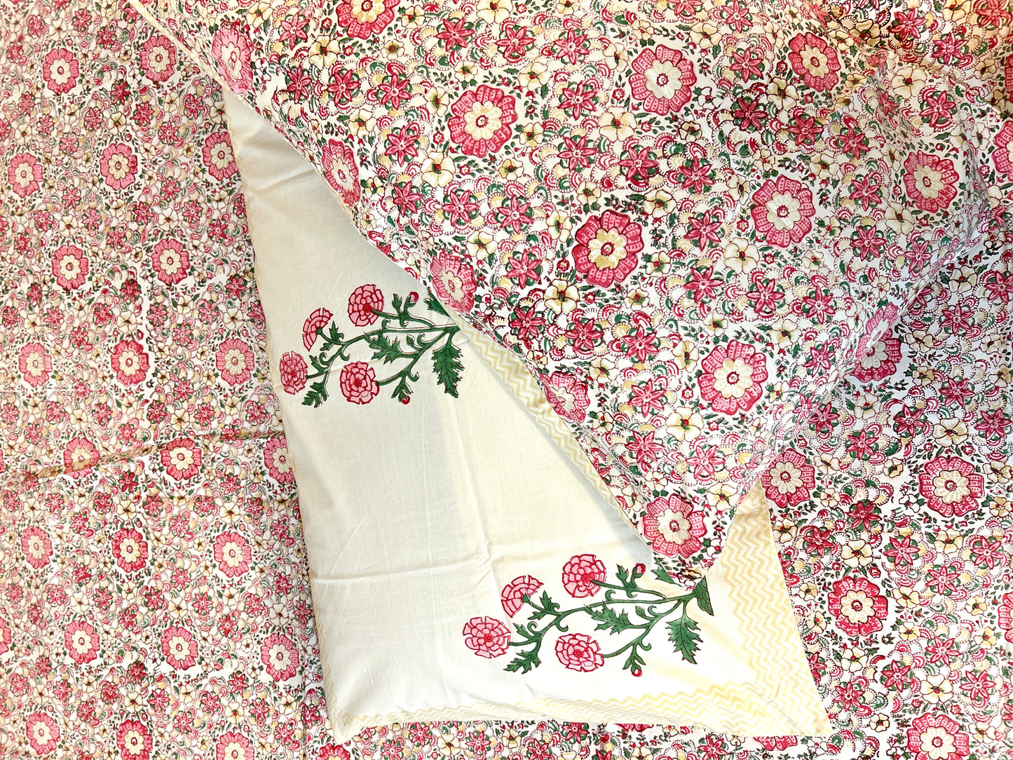 Pink floral Block Printed Cotton Bedsheet(90x108)
