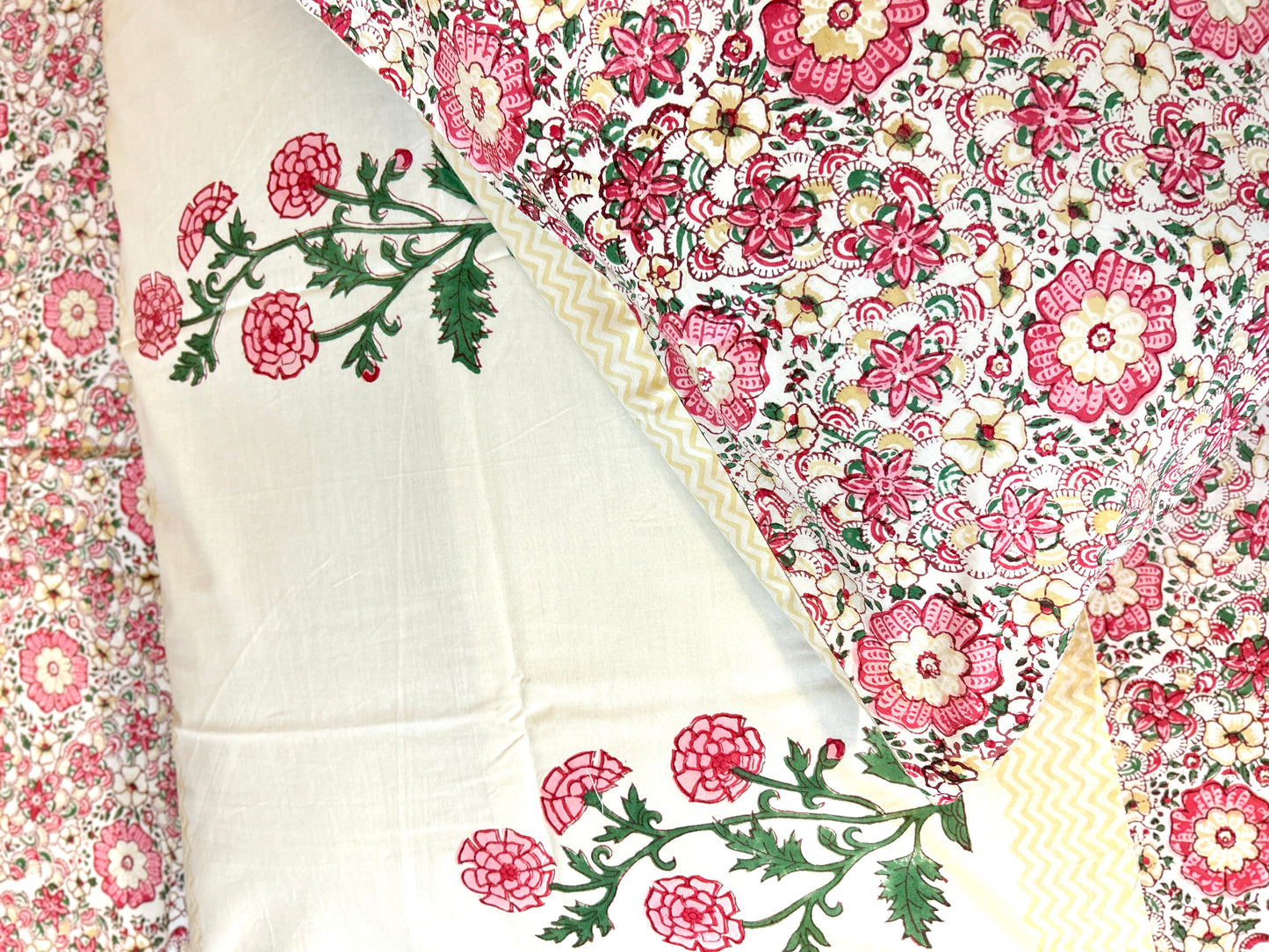 Pink floral Block Printed Cotton Bedsheet(90x108)