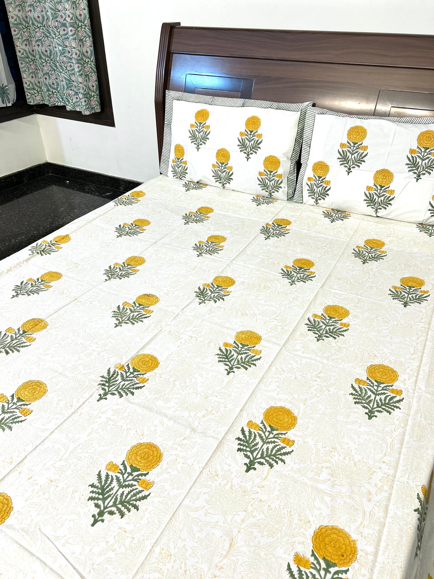 Yellow Marigold Block Printed Cotton Bedsheet(90x108)