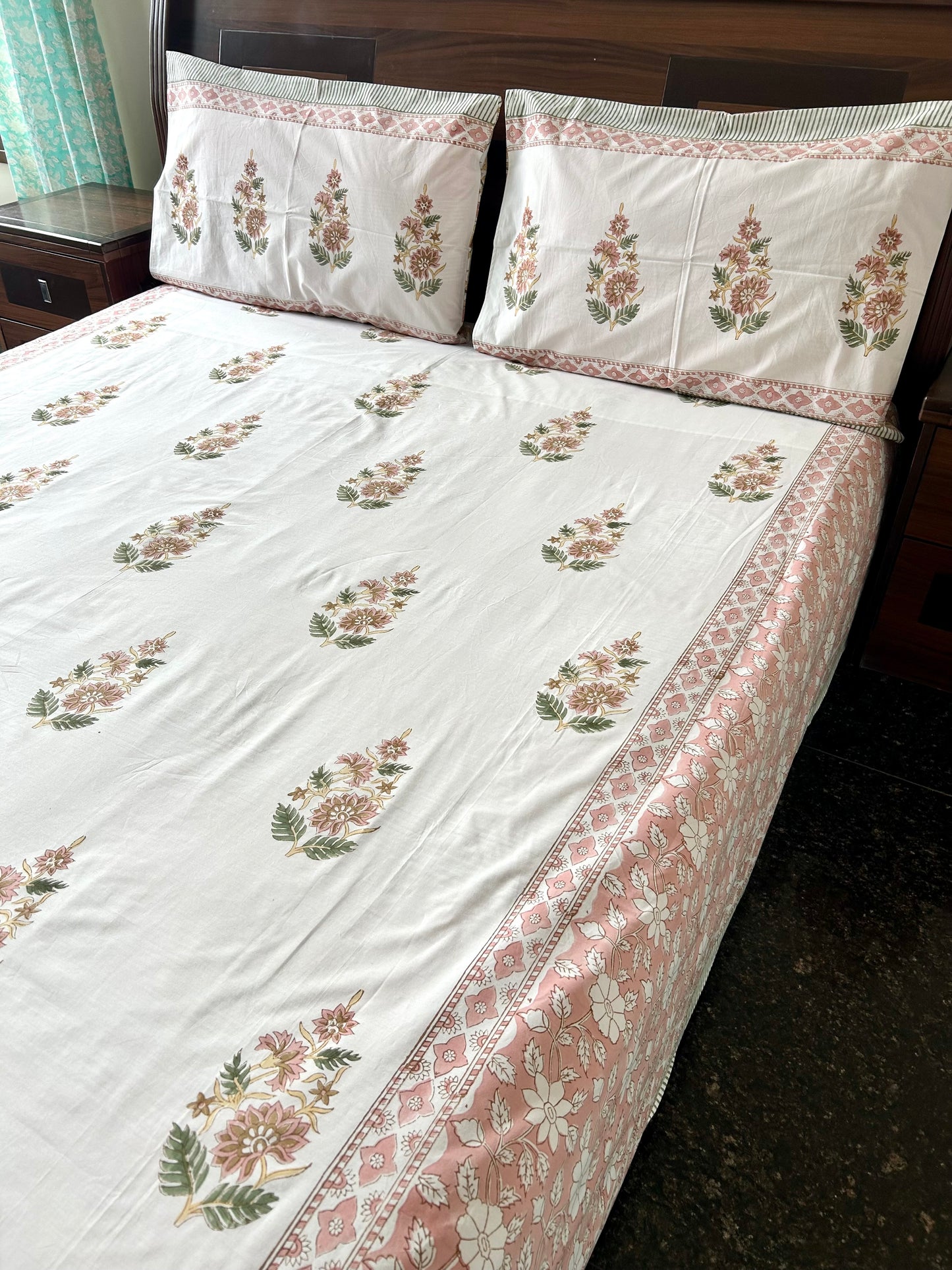 Floral Peach Block Printed Cotton Bedsheet(90x108) (Copy)