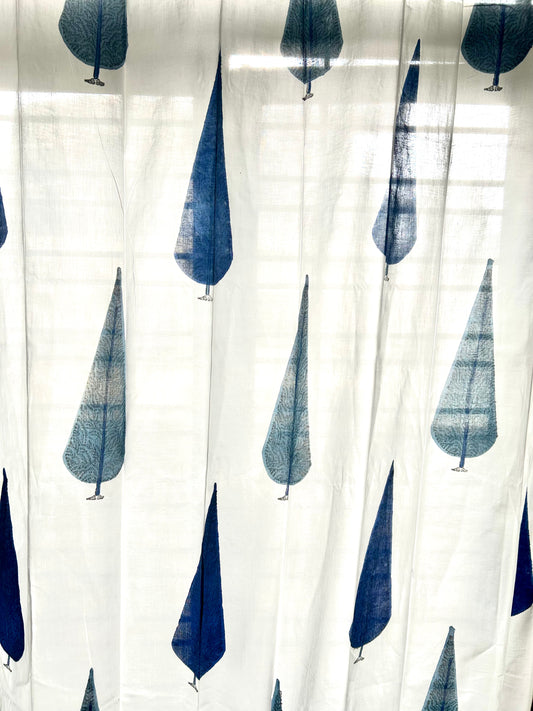 Blue Conifers Block Printed Sheer Curtains