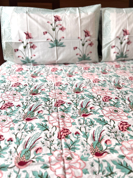 White Songbird Block Printed Cotton Bedsheet(90x108)