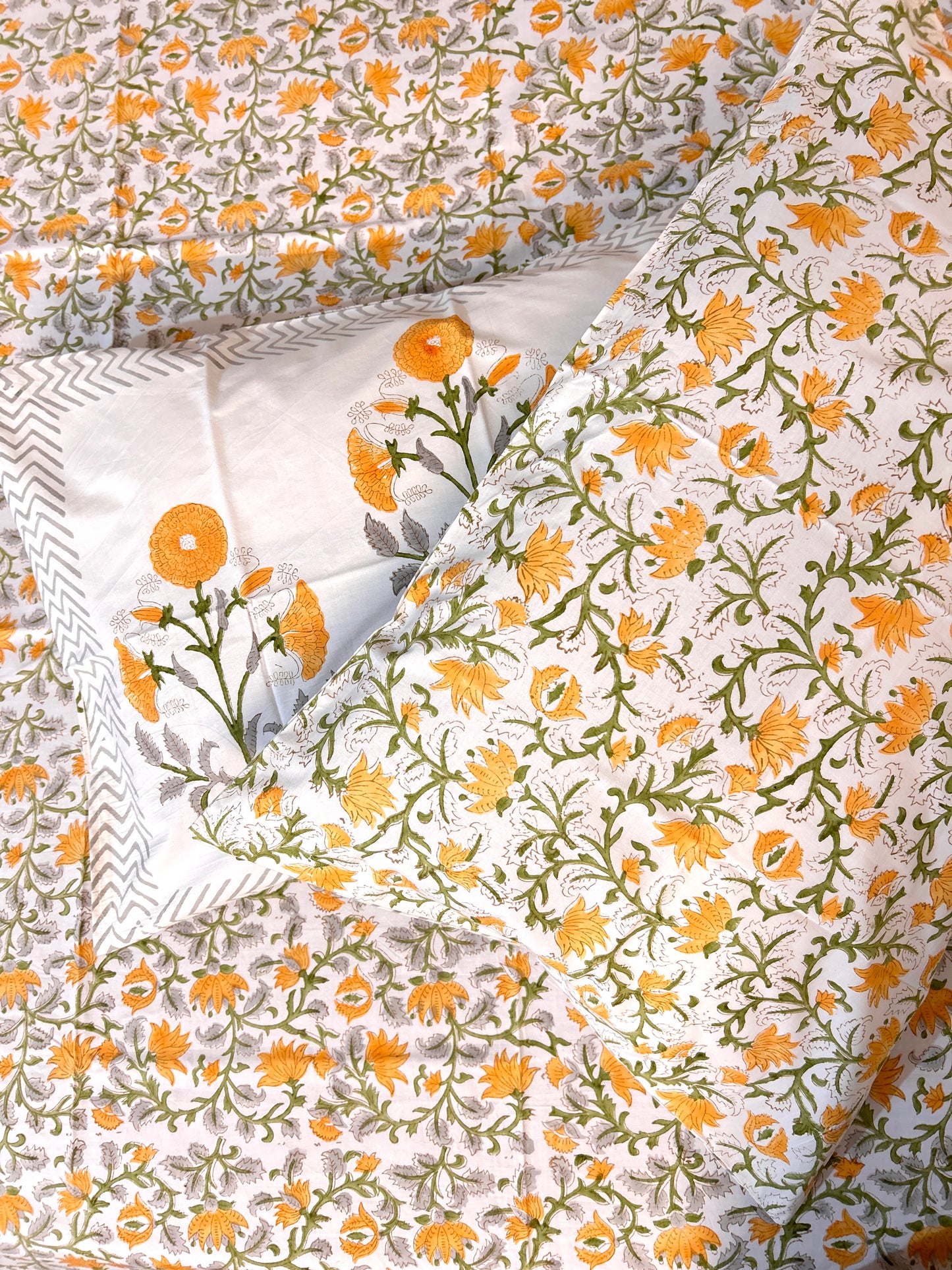 Yellow floral Vines Block Printed Cotton Bedsheet(90x108)