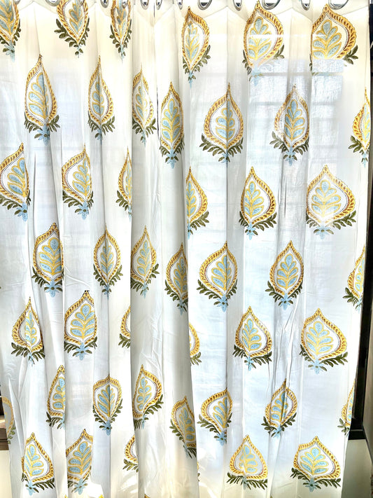 Yellow leaf Block Printed Curtain