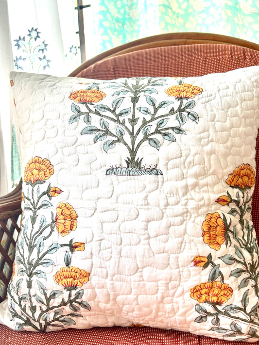 Orange Block Print Quilted Cushion Cover
