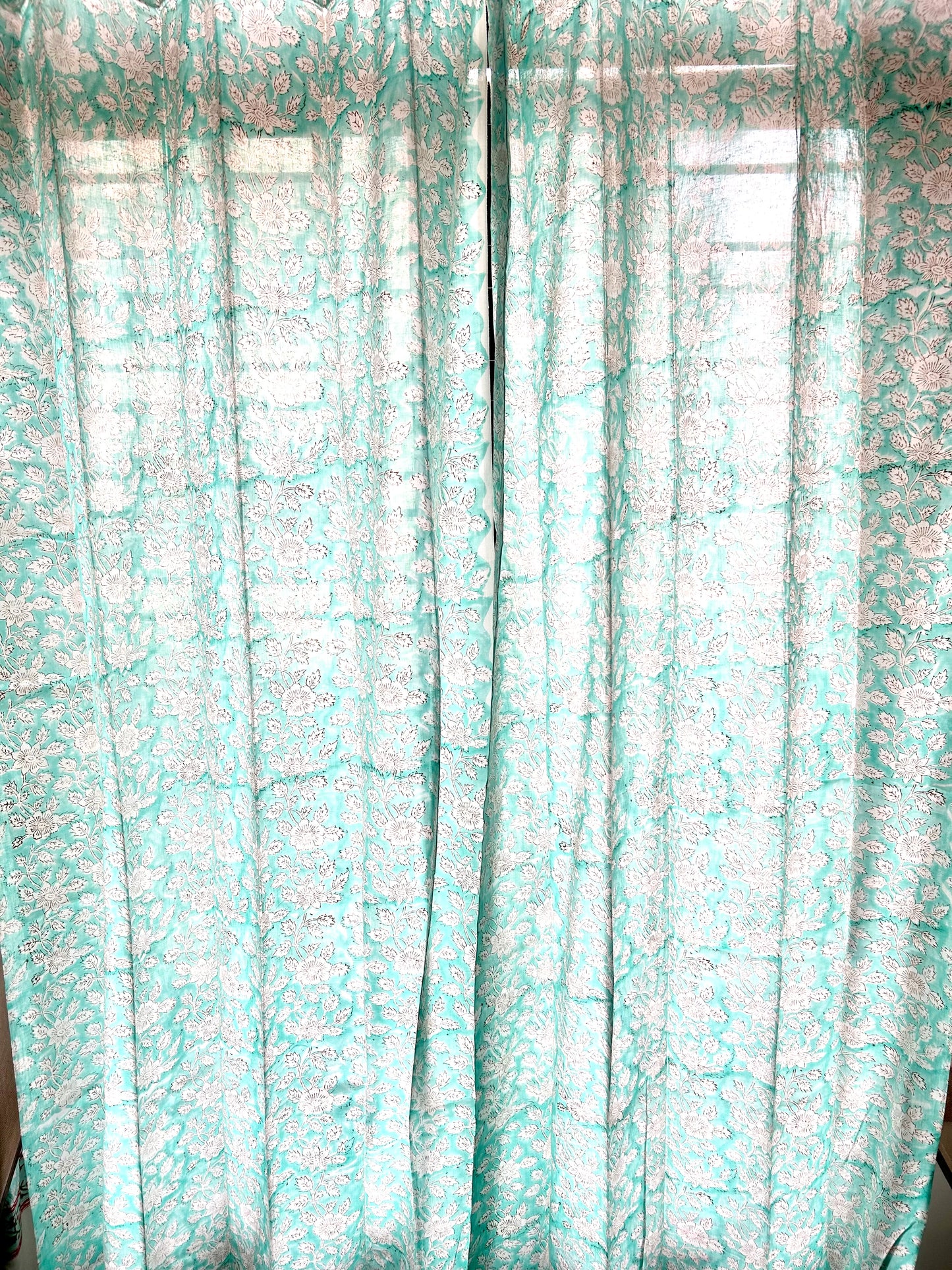 Blue Roses Block Printed Sheer Curtains