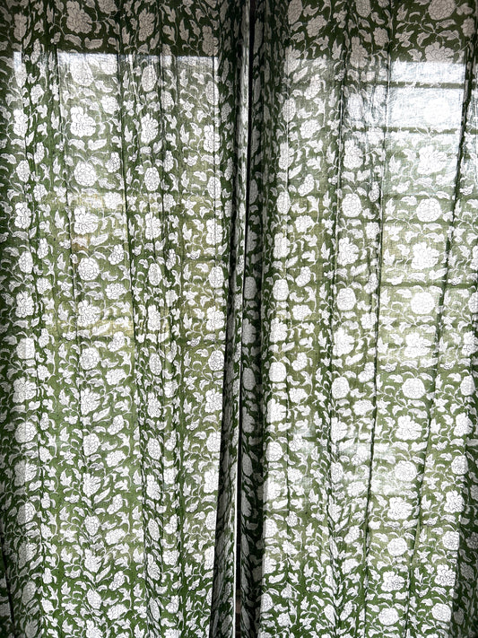 Forest Green Block Printed Sheer Curtains