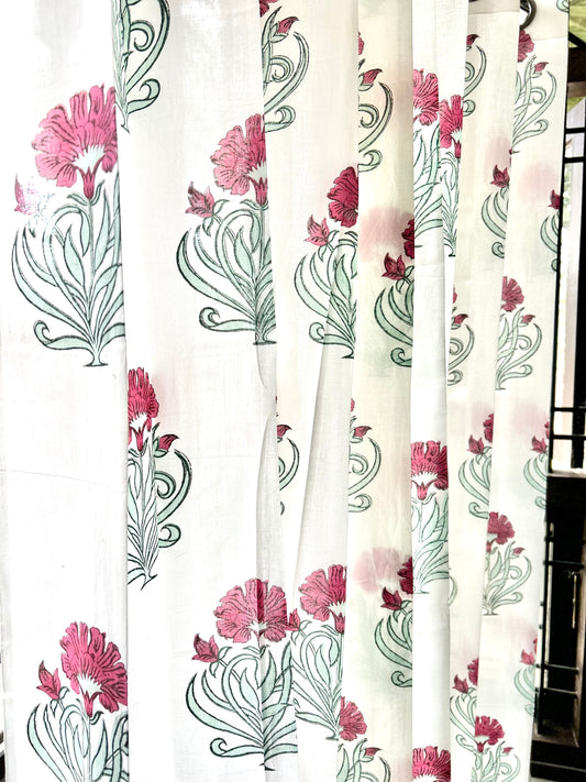 Blooming Red Block Printed Sheer Curtain