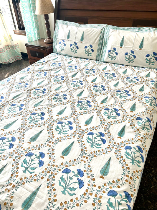 Teej Block Printed White Cotton Bedsheet(90x108)