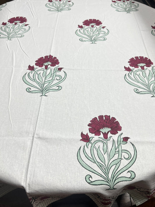 Red Hibiscus Block Print 6 Seater Rectangular Table Cover/Cloth