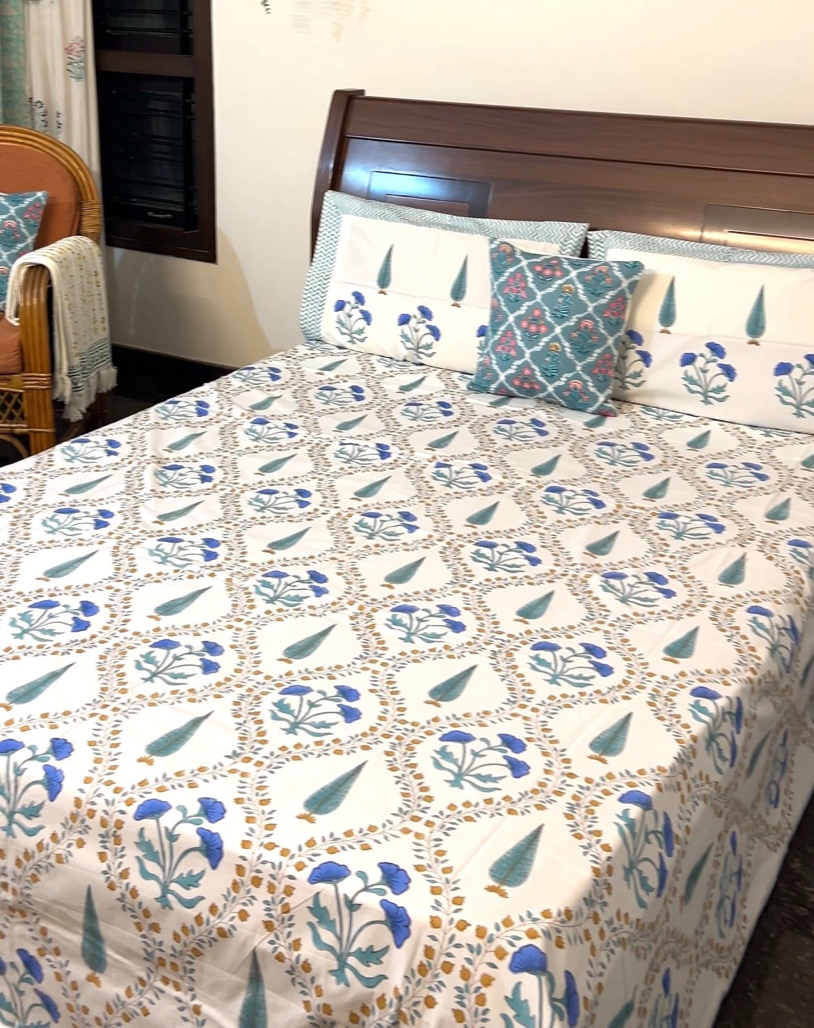 Blue Pansy Block Printed Cotton Bedsheet(90x108)