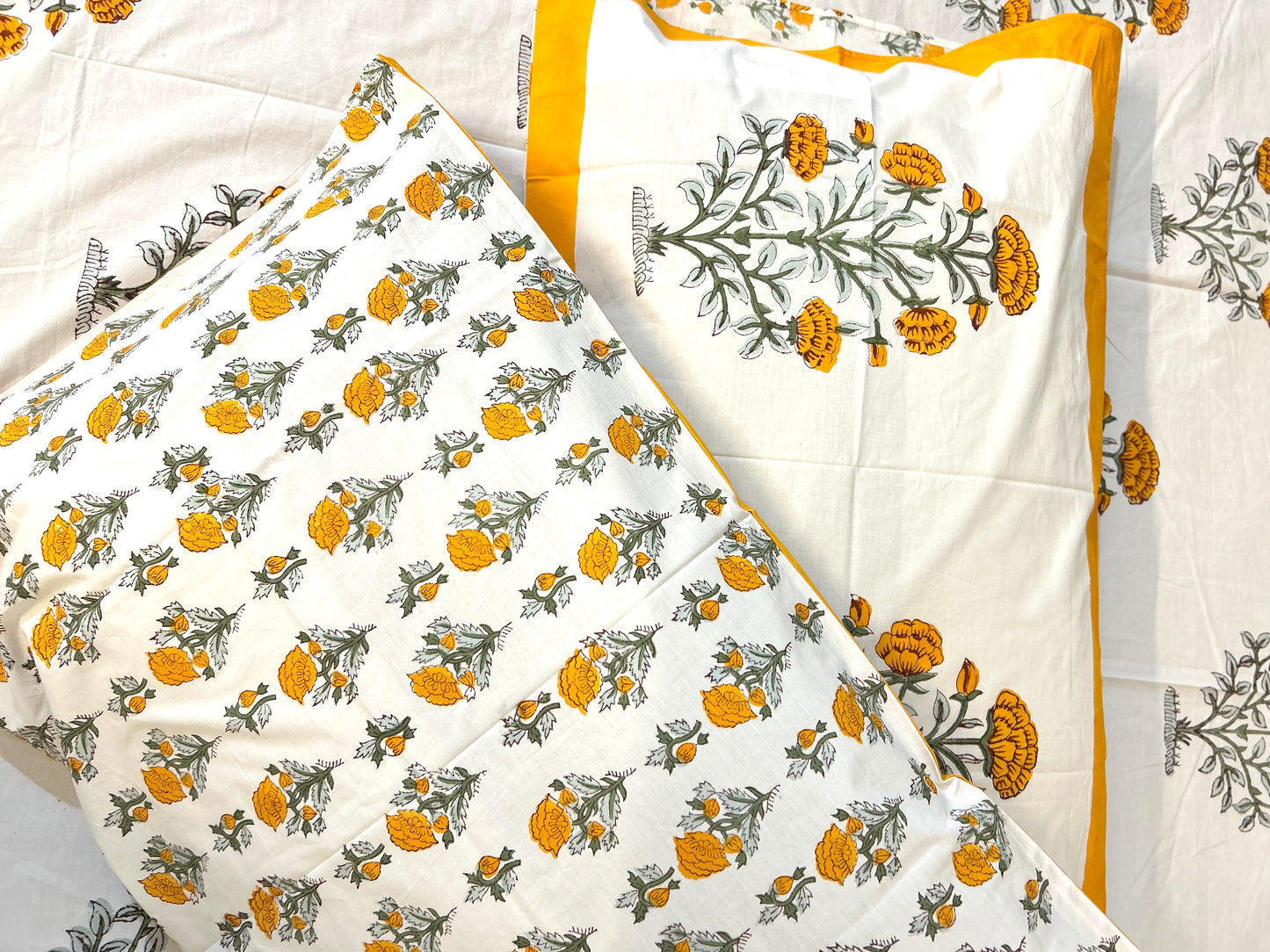 Yellow Floral Shrub Block Printed Cotton Bedsheet(108x108)
