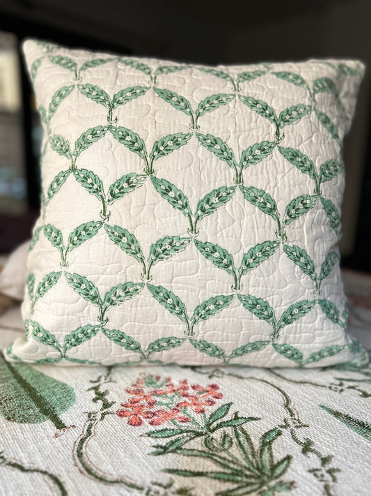 Green Leaf Block Print Quilted Cushion Cover