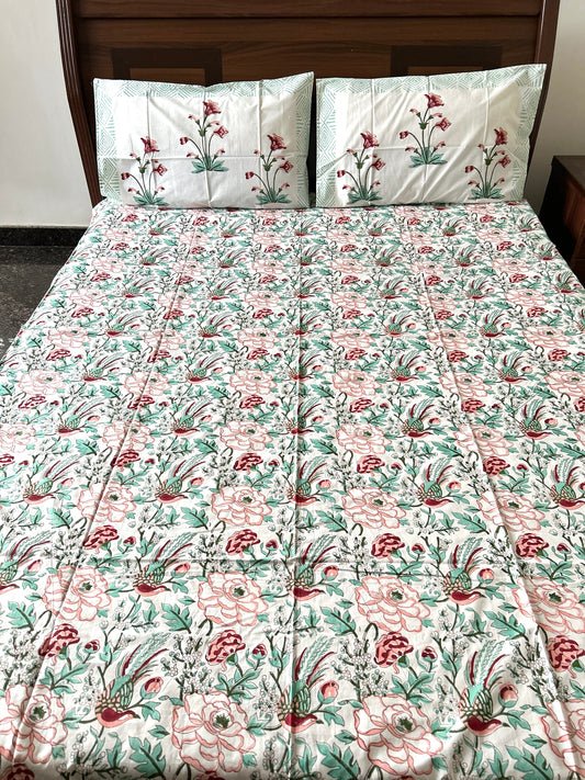 Songbird Block Printed Cotton Bedsheet(108x108)