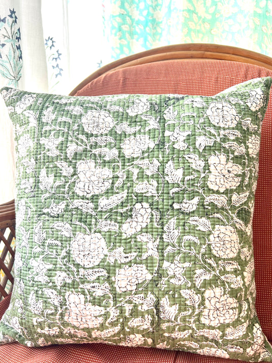 Hariyali Block Print Quilted Cushion Cover
