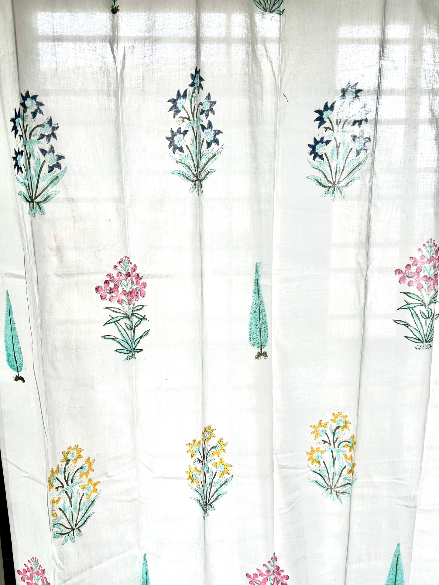 Tri Colour Floral Block Printed Sheer Curtains