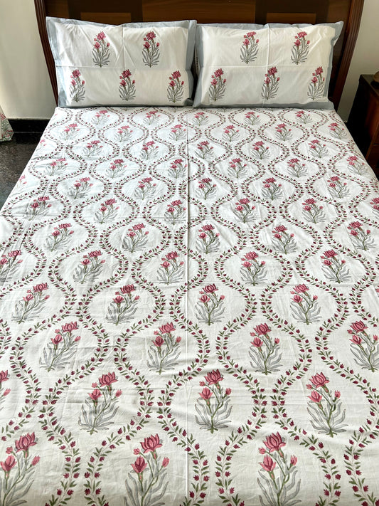 Aarvi Block Printed White Cotton Bedsheet(90x108)