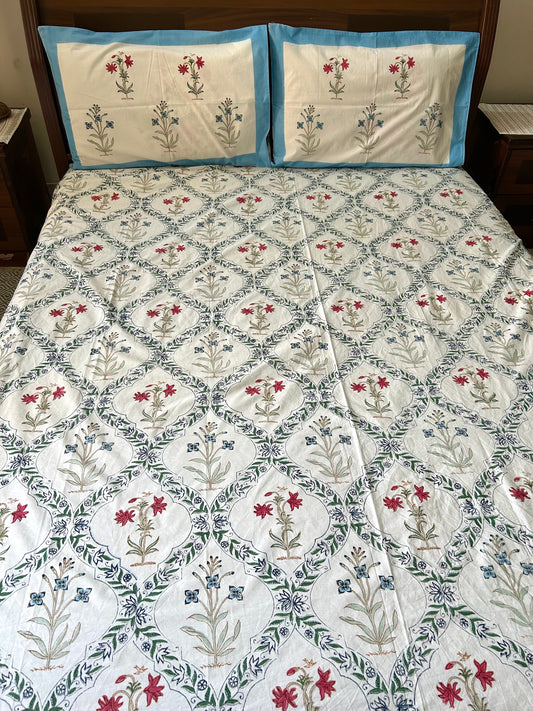 Dainty Flowers Block Printed Cotton Bedsheet(90x108)