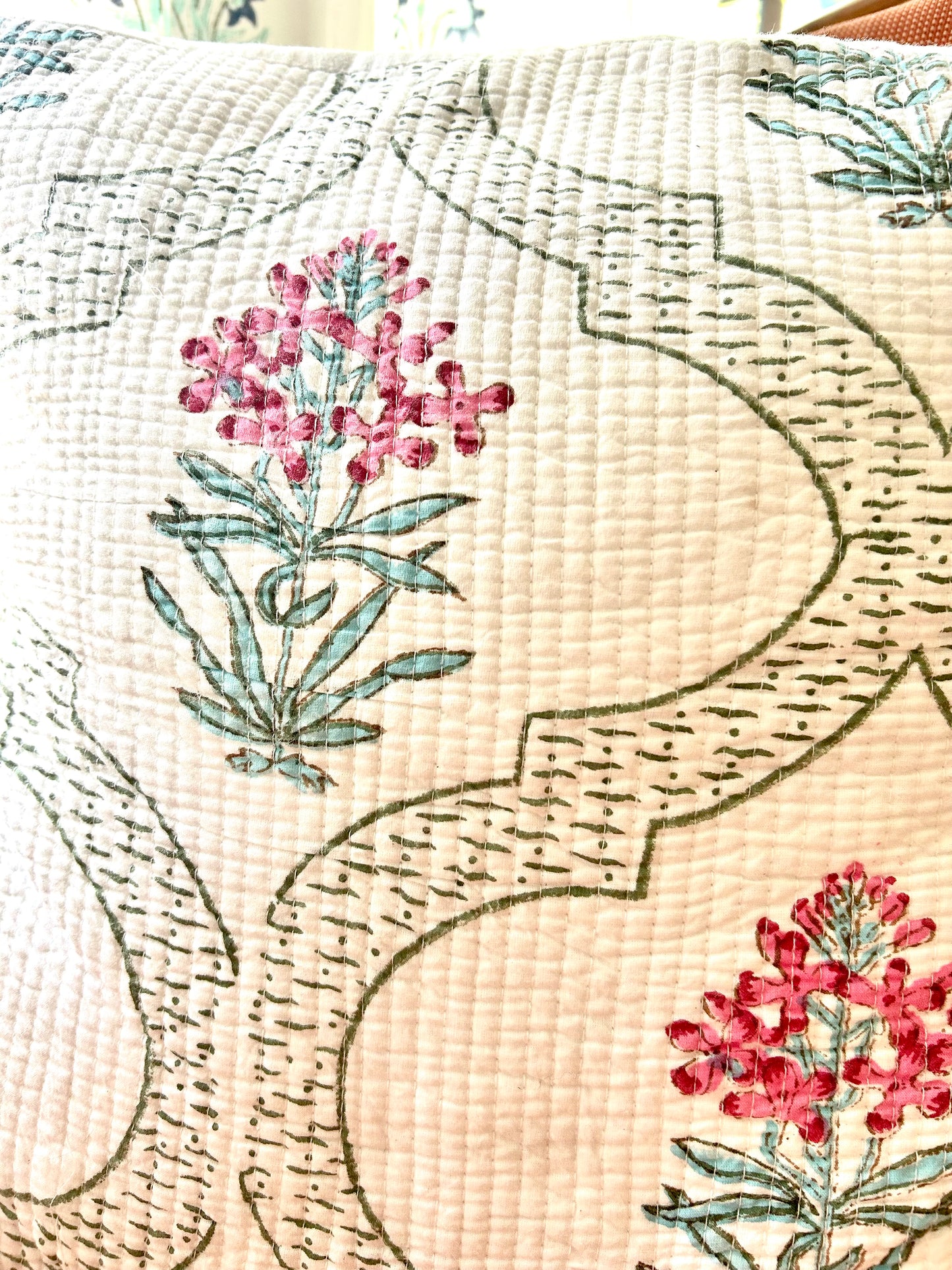 Pink teal Block Print Quilted Cushion Cover