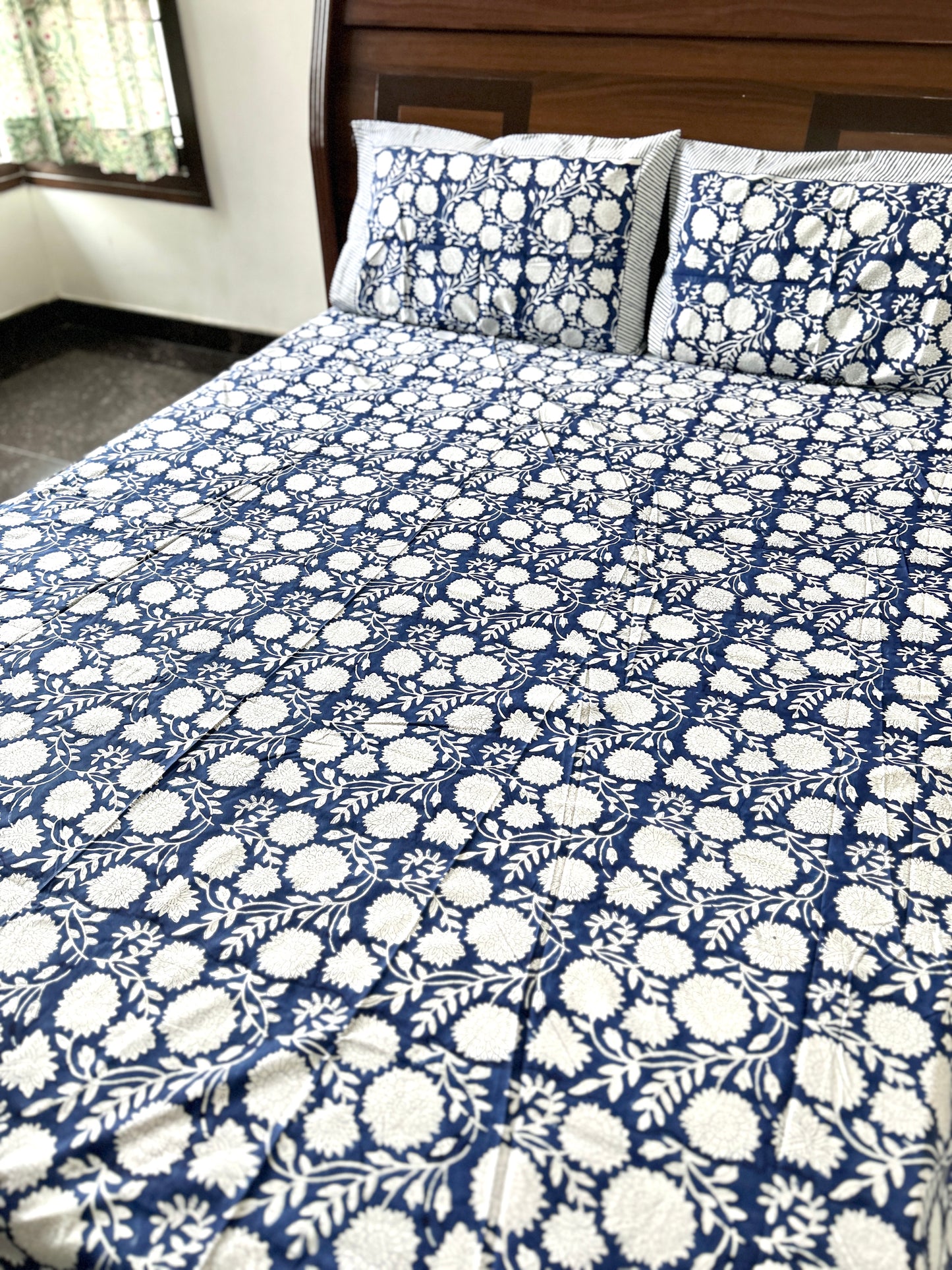 Navy Blue Block Printed Cotton Bedsheet(108x108)