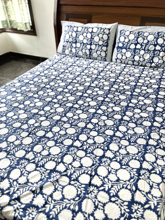 Deep Blue Block Printed Cotton Bedsheet(90x108)