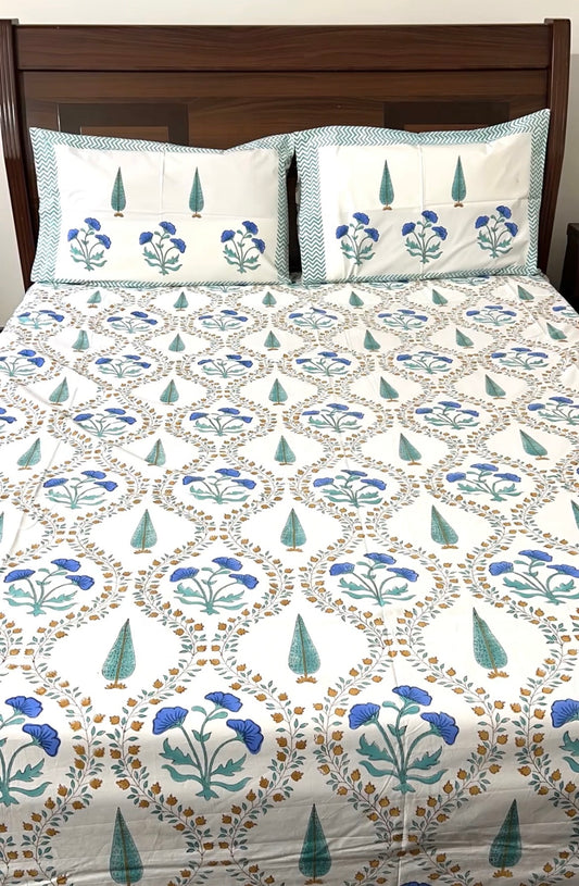 Blue Pansy Block Printed Cotton Bedsheet(90x108)