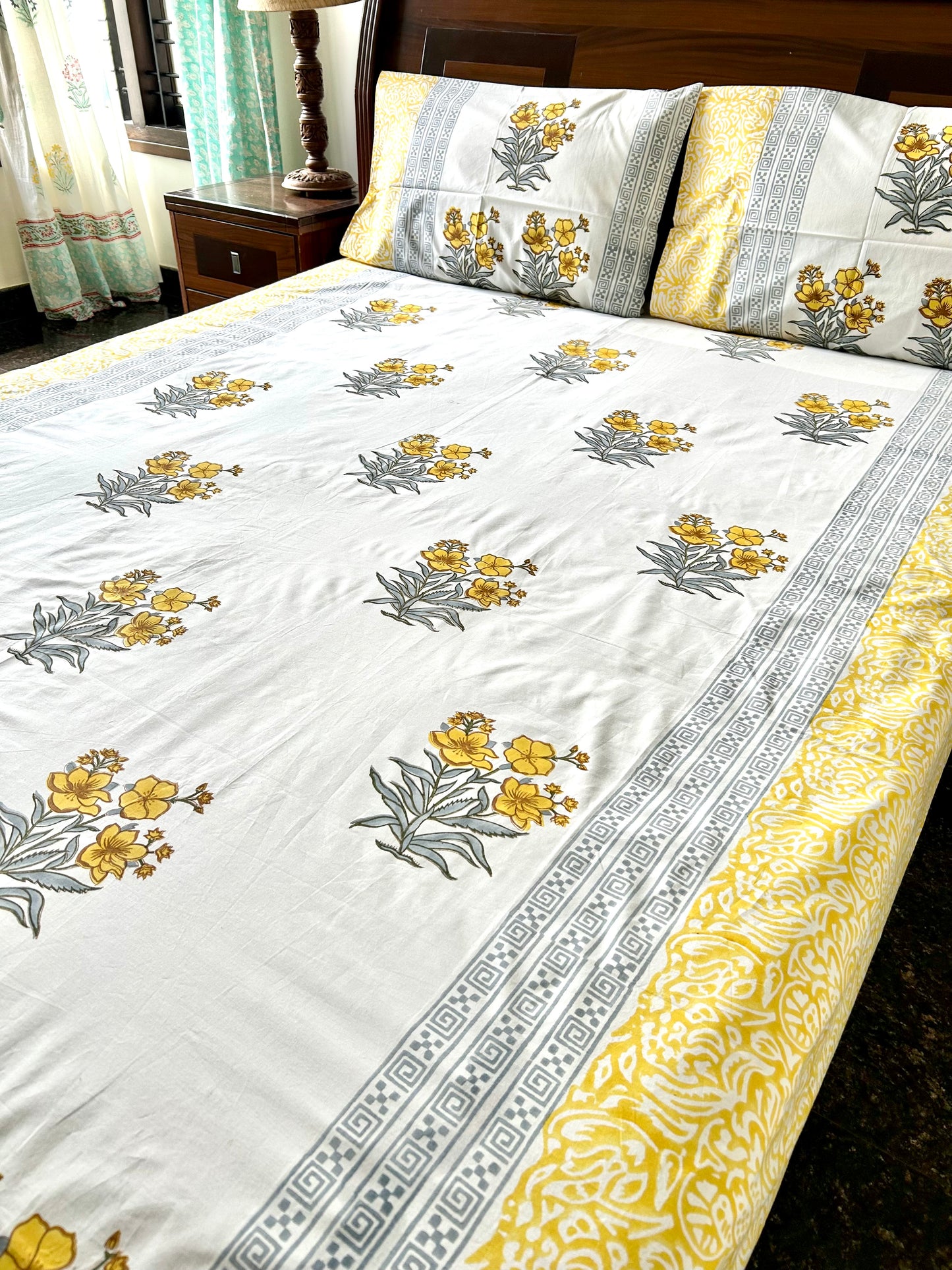 Kaner Block Printed Yellow Cotton Bedsheet(90x108)
