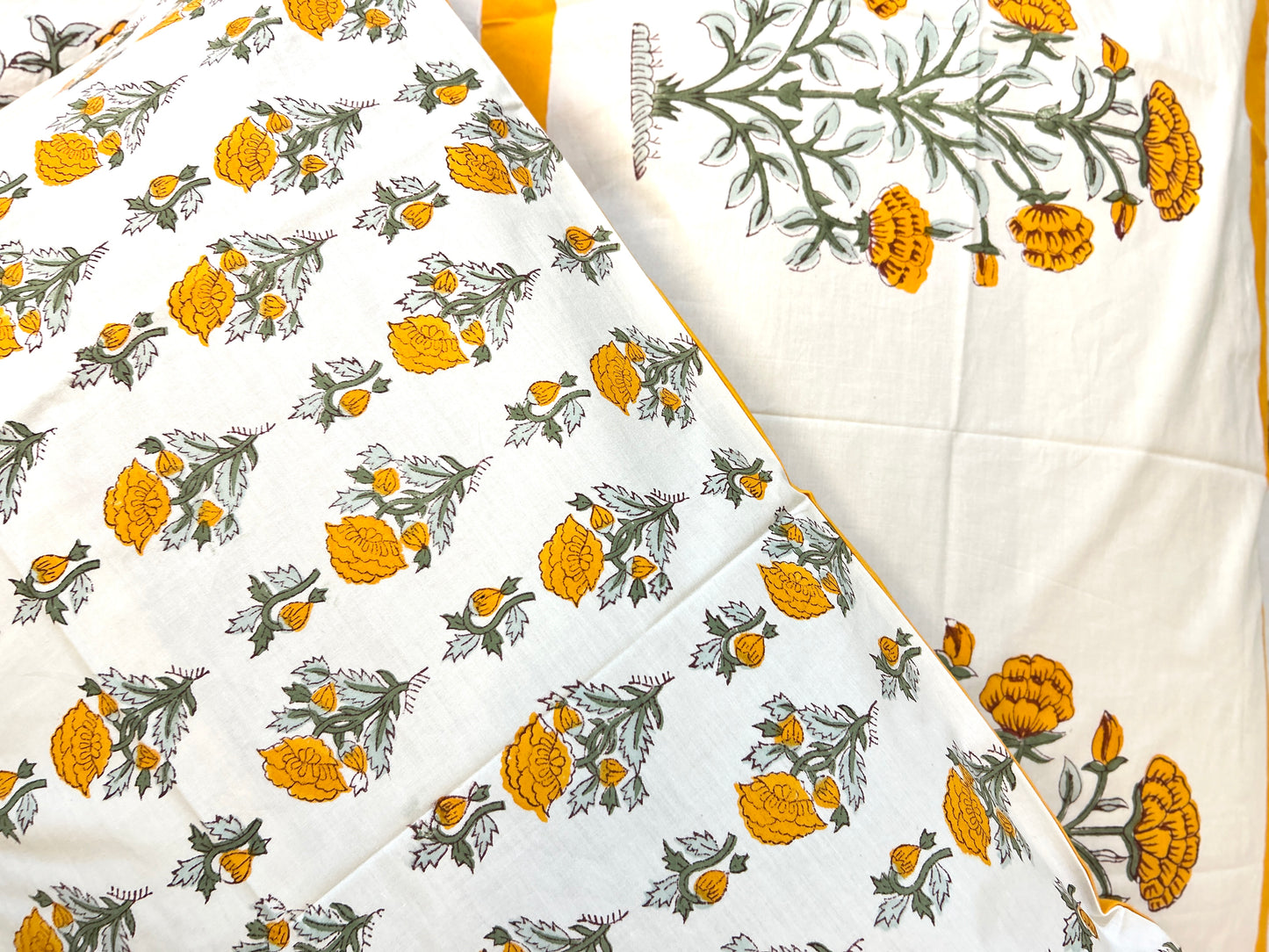 Yellow Floral Shrub Block Printed Cotton Bedsheet(108x108)