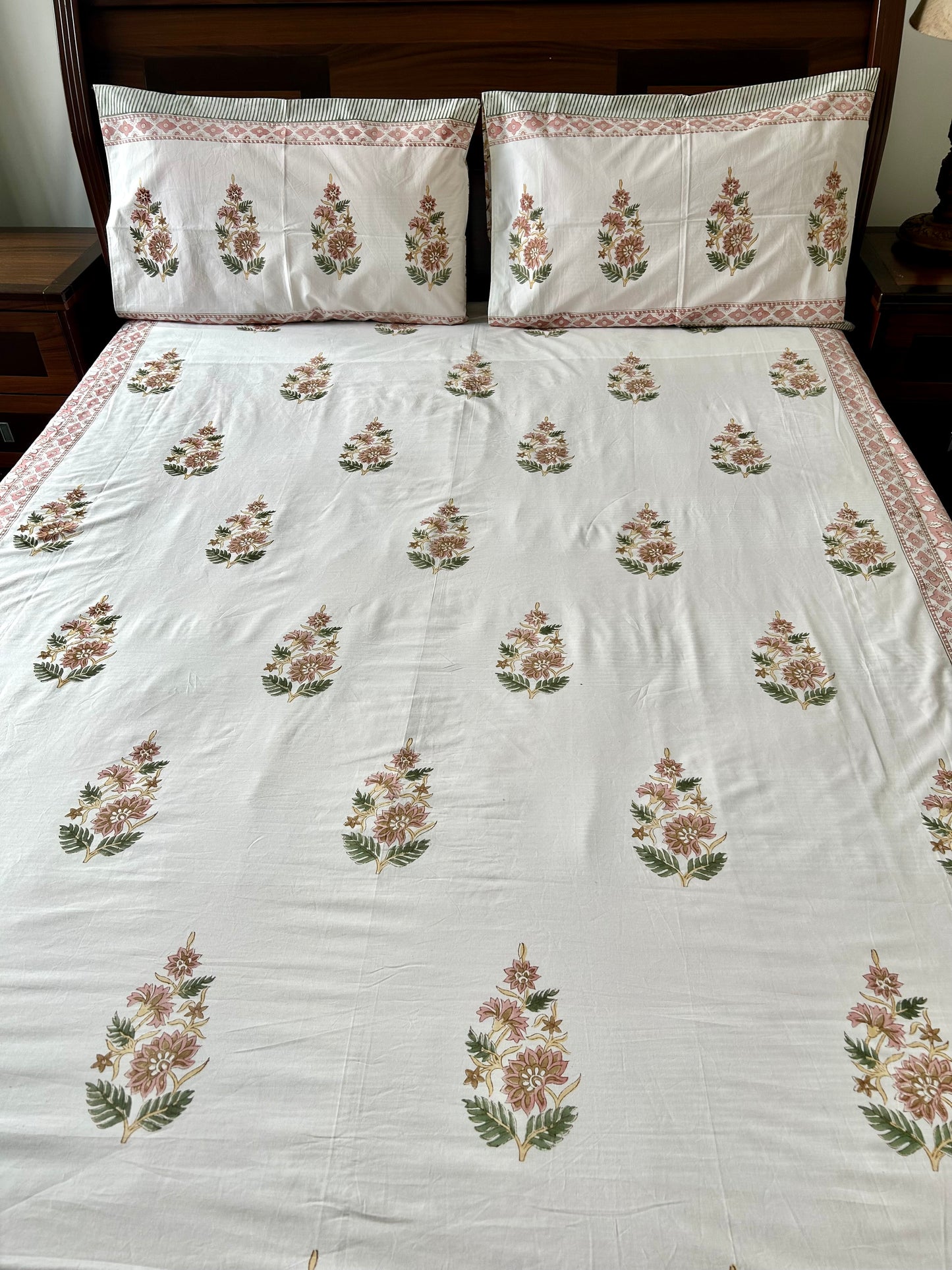 Floral Peach Block Printed Cotton Bedsheet(90x108) (Copy)