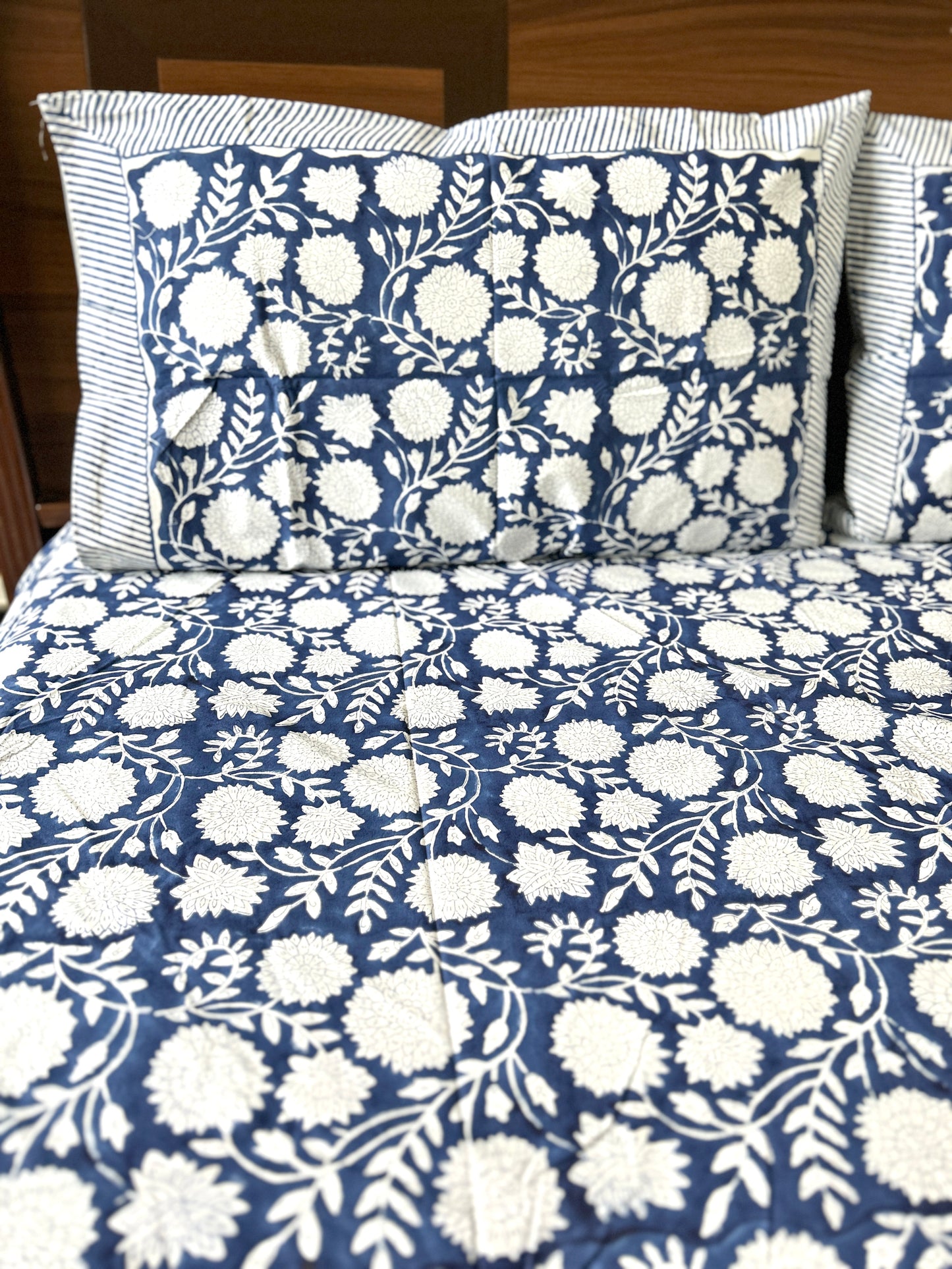 Navy Blue Block Printed Cotton Bedsheet(108x108)